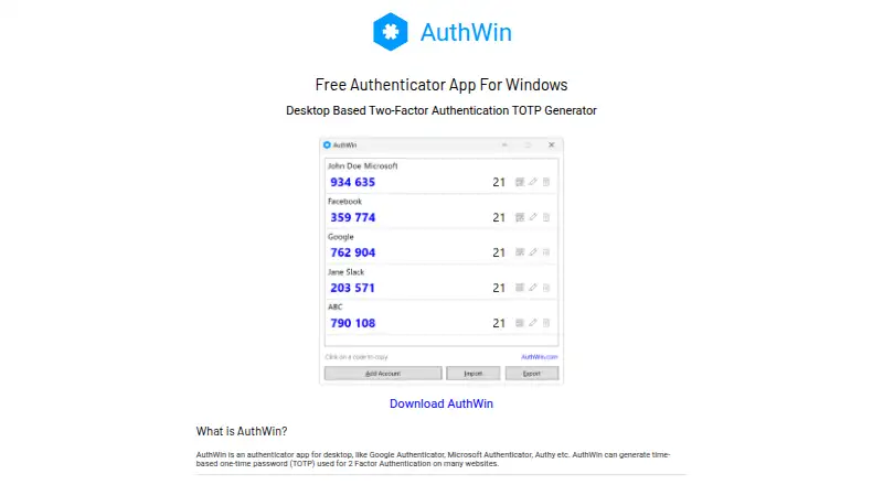 The AuthWin homepage