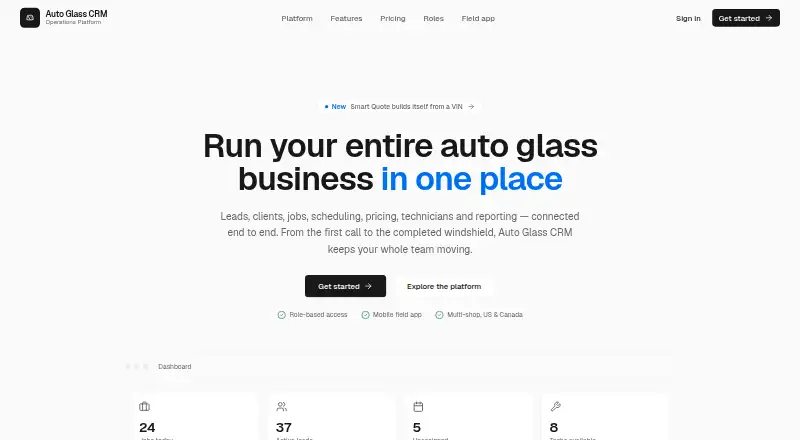 The Auto Glass CRM homepage