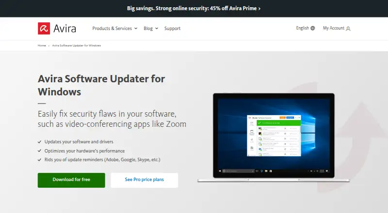 The Avira Software Updater homepage