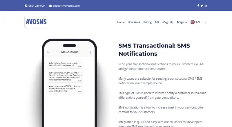 The AvoSMS Transactional SMS homepage