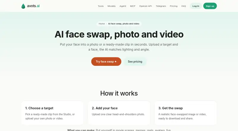 The Avots AI Face Swap homepage