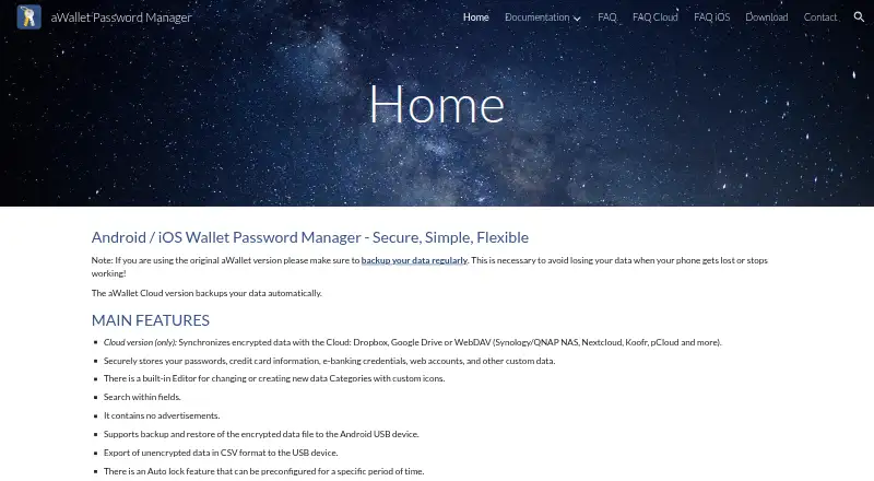 The aWallet Password Manager homepage
