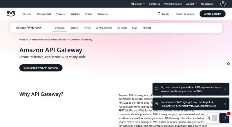 The Amazon API Gateway homepage