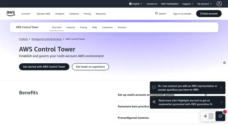 The AWS Control Tower homepage