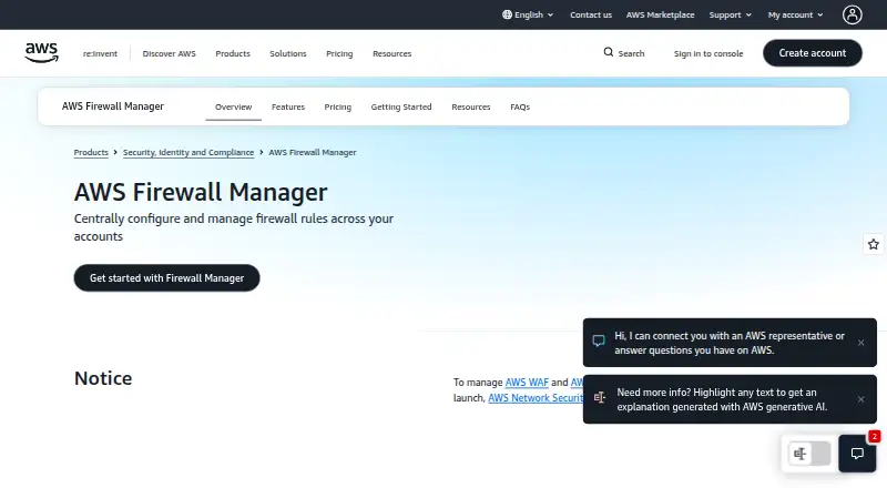 The AWS Firewall Manager homepage