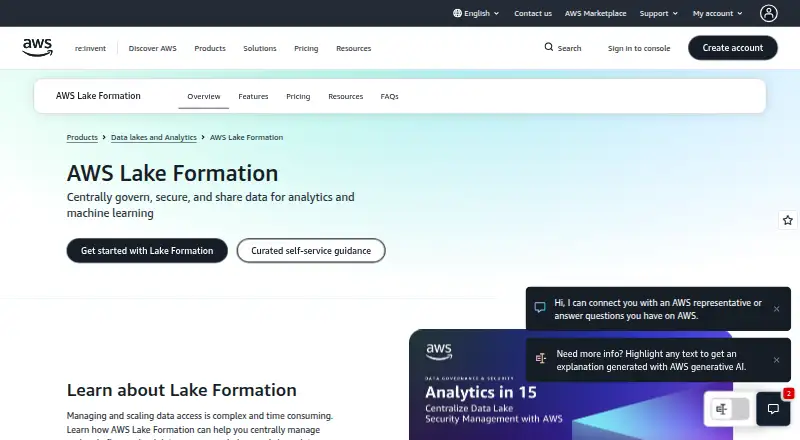 The AWS Lake Formation homepage