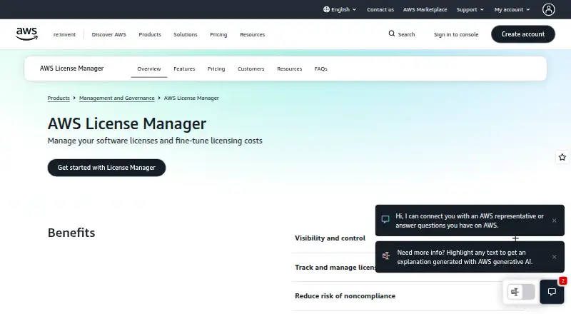 The AWS License Manager homepage