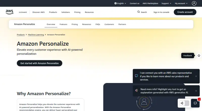The Amazon Personalize homepage