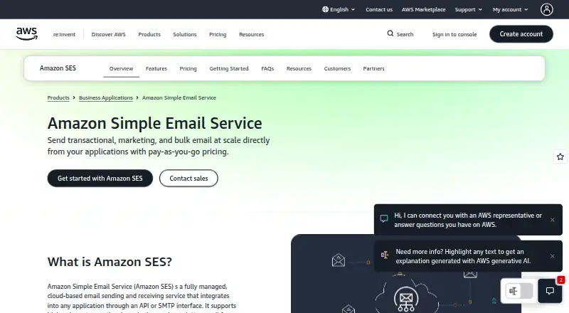 The Amazon SES homepage
