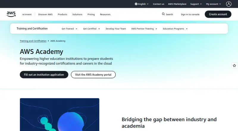 The AWS Academy homepage
