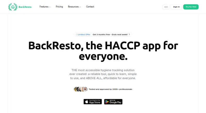 The BackResto homepage