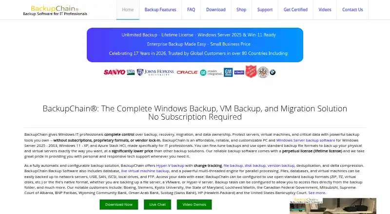 The BackupChain homepage