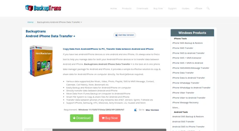 The Backuptrans Android iPhone Data Transfer+ homepage