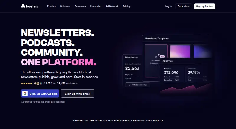 The beehiiv homepage