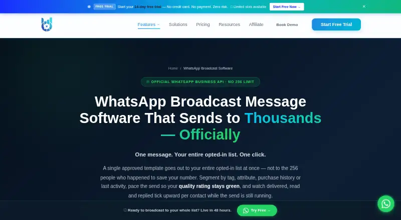 The BetaXLab WhatsApp Broadcast homepage
