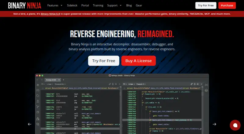 The Binary Ninja homepage