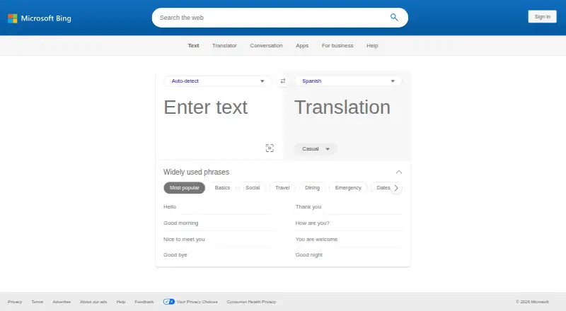 The Bing Translator homepage