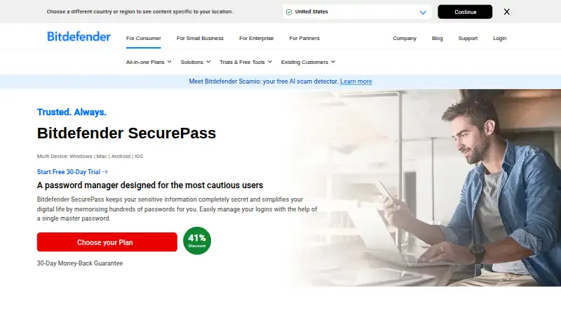 The Bitdefender SecurePass homepage