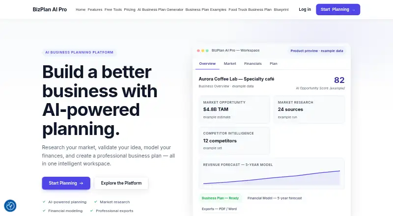 The BizPlan AI Pro homepage