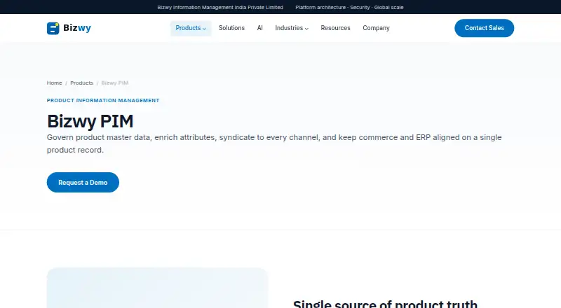 The Bizwy PIM homepage