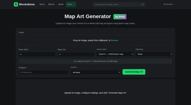 The BlocksItems Map Art Generator homepage