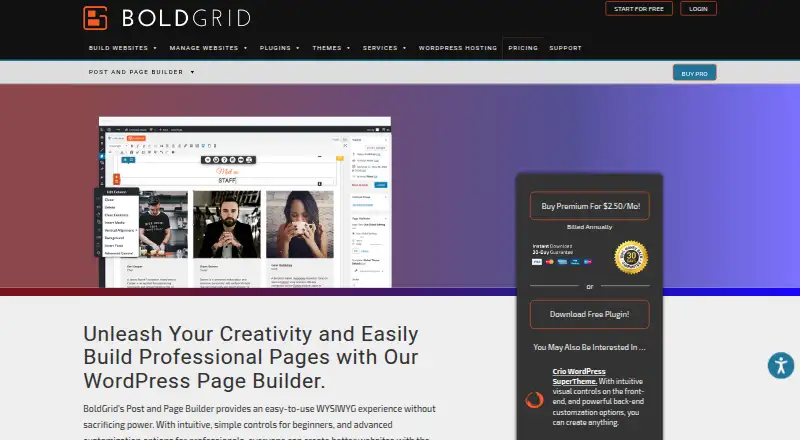 The BoldGrid Post and Page Builder homepage