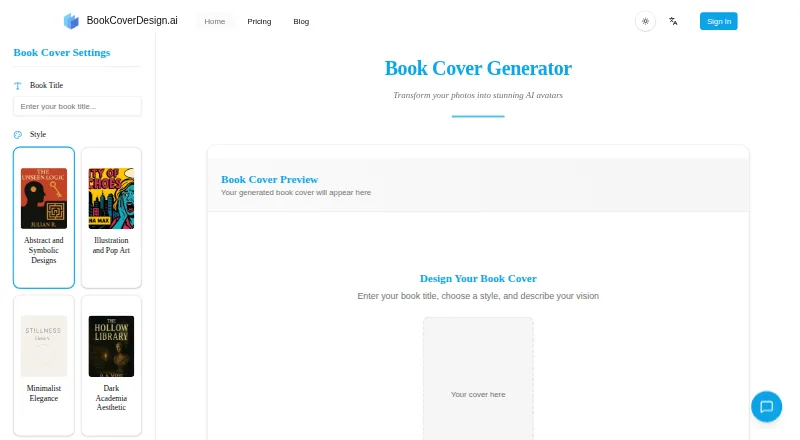 The BookCoverDesign.ai homepage