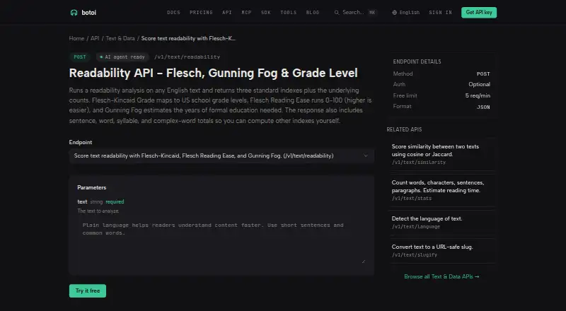 The Botoi Readability API homepage