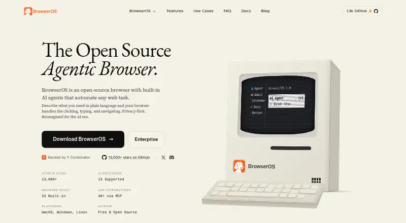 The BrowserOS homepage