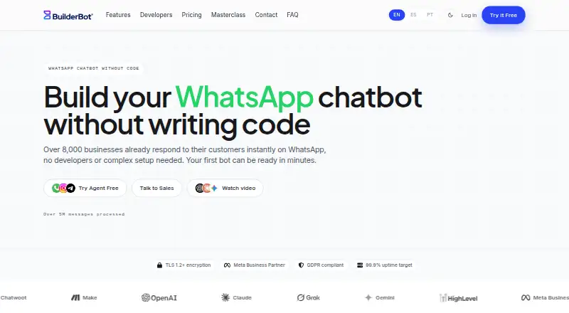 The BuilderBot Cloud homepage