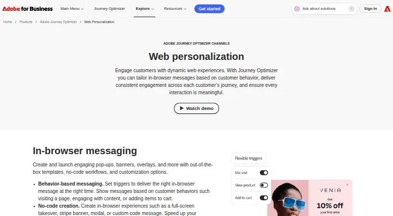 The Adobe Journey Optimizer Web Personalization homepage
