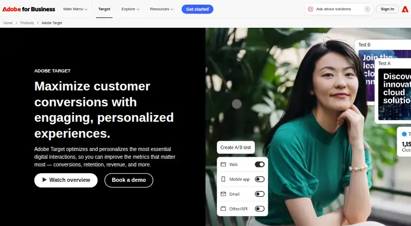 The Adobe Target homepage