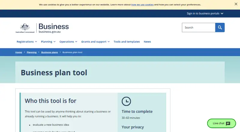 The Business Plan Tool homepage