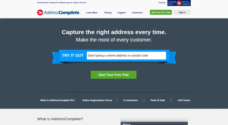 The AddressComplete homepage