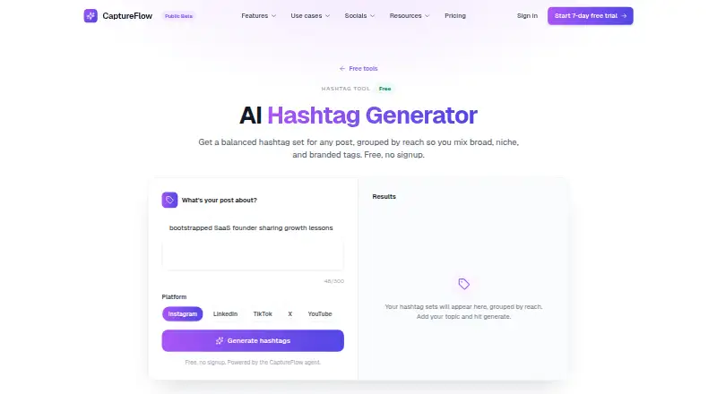 The CaptureFlow Hashtag Generator homepage