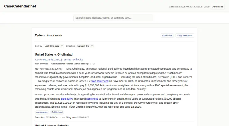 The Case Calendar homepage