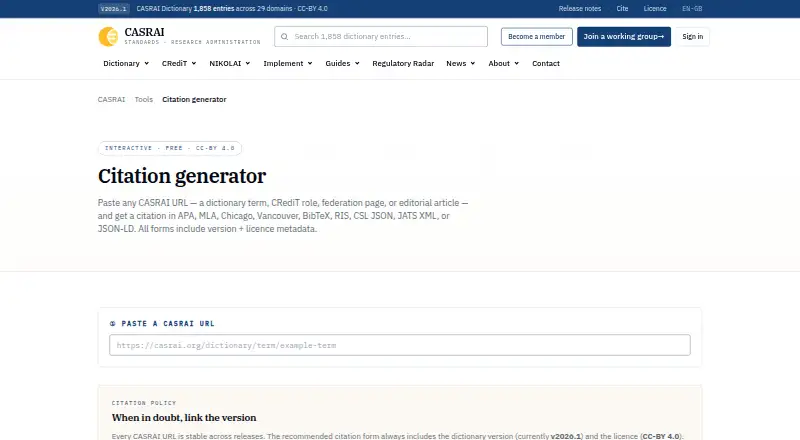 The CASRAI Citation Generator homepage