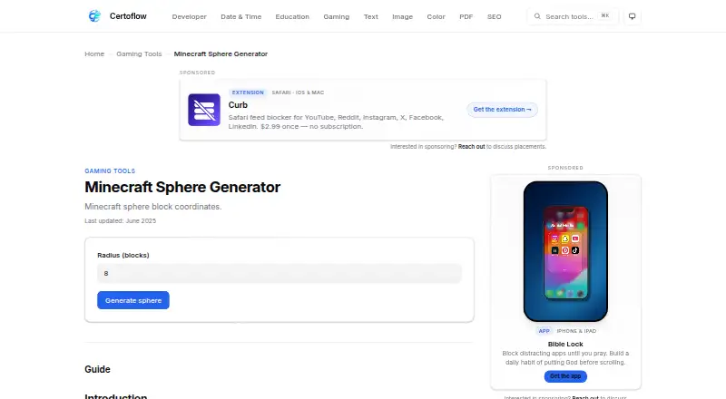 The Certoflow Minecraft Sphere Generator homepage