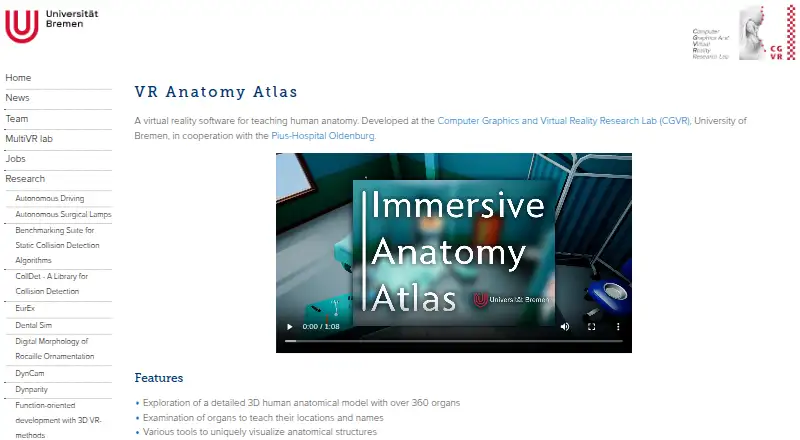 The VR Anatomy Atlas homepage