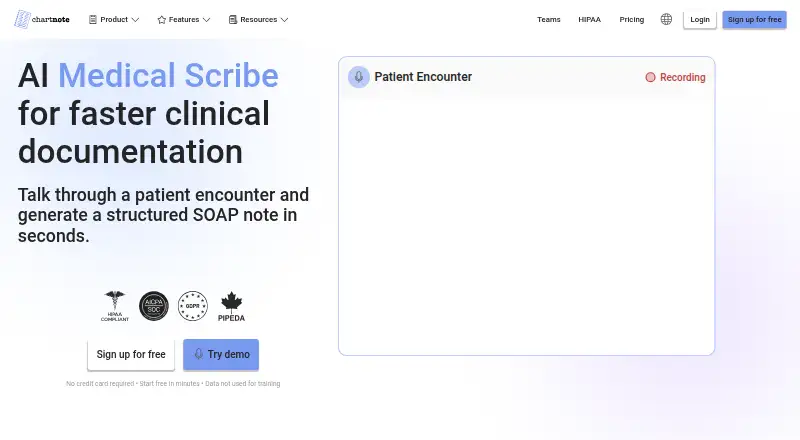 The Chartnote AI Scribe homepage