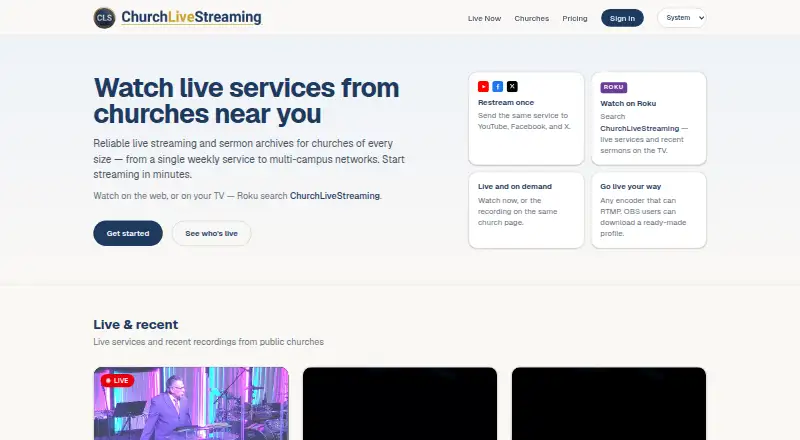 The ChurchLiveStreaming.com homepage