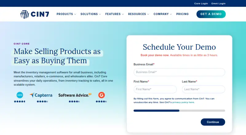 The Cin7 Core homepage