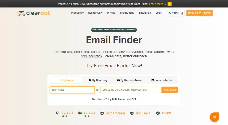 The Clearout Email Finder homepage