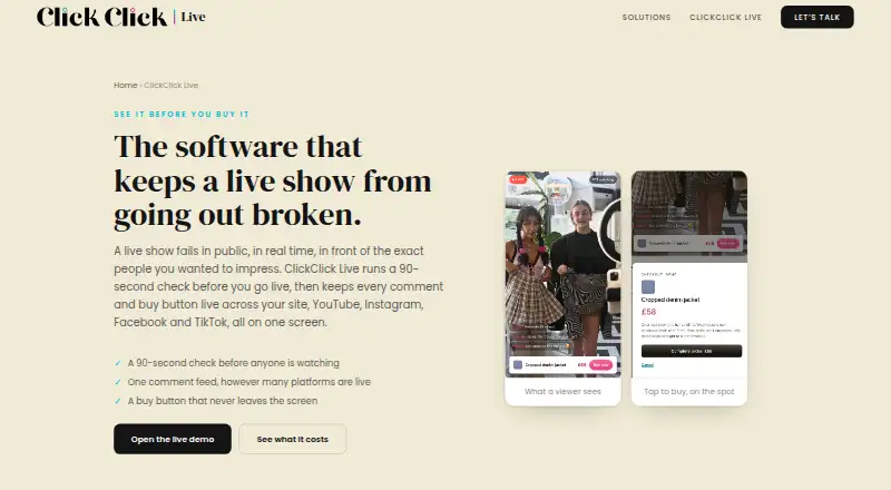 The ClickClick Live homepage