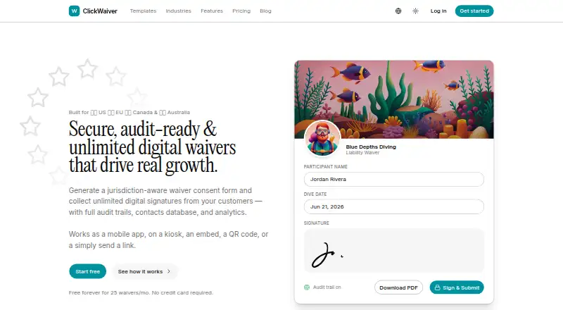 The ClickWaiver homepage