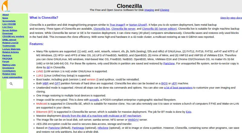 The Clonezilla homepage
