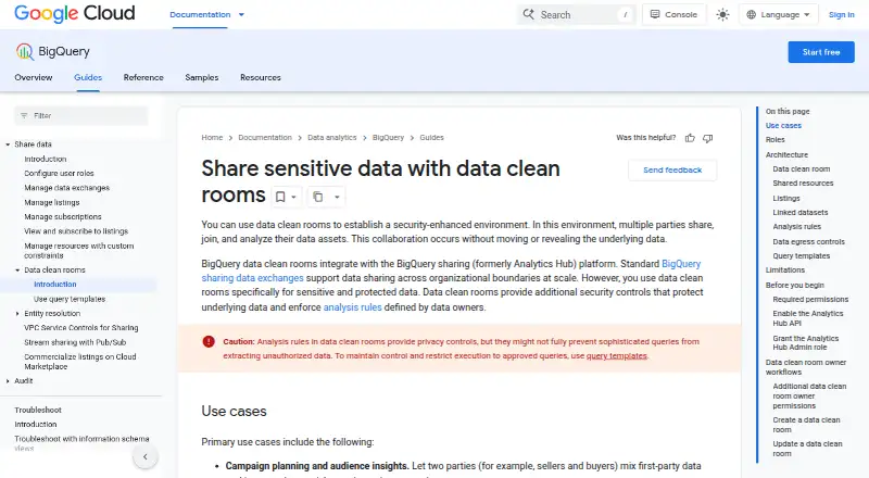 The BigQuery Data Clean Rooms homepage