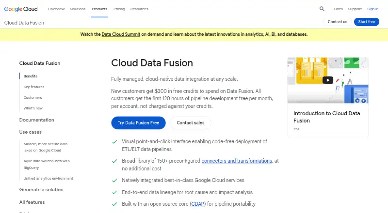 The Google Cloud Data Fusion homepage