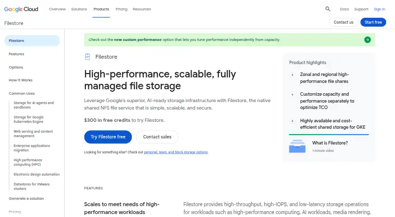 The Google Cloud Filestore homepage