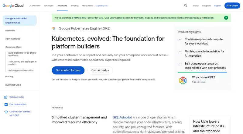 The Google Kubernetes Engine homepage